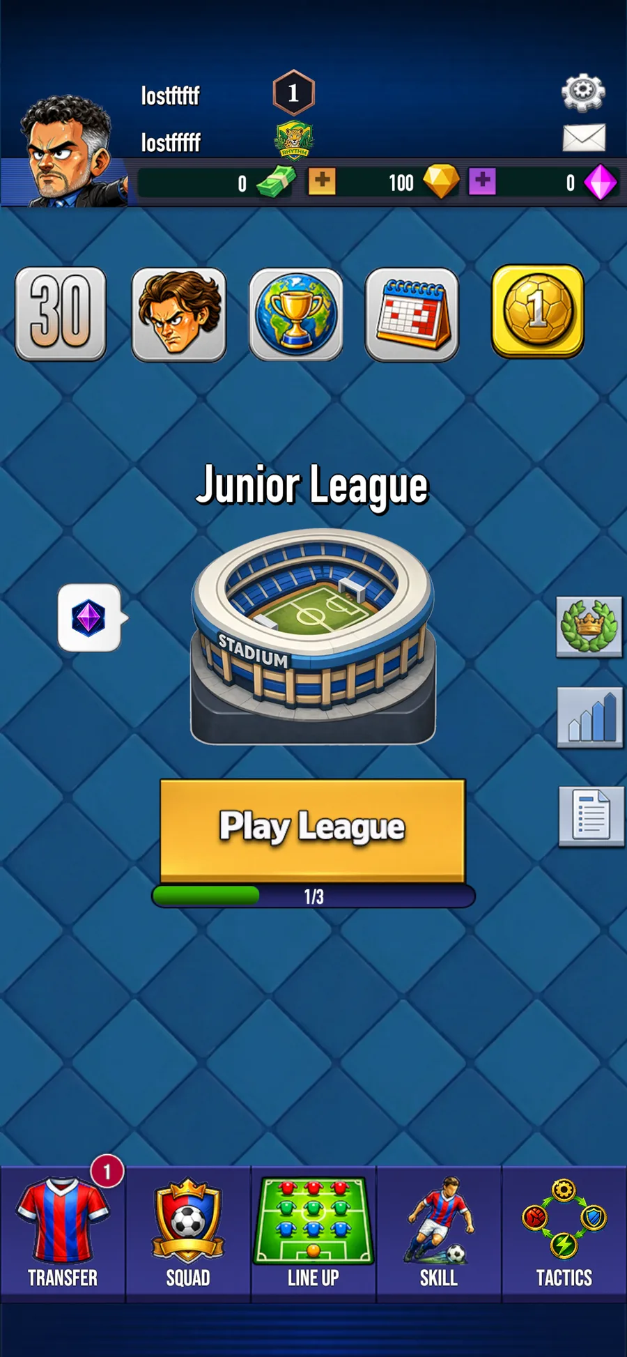 The Soccer Tactical league home screen.