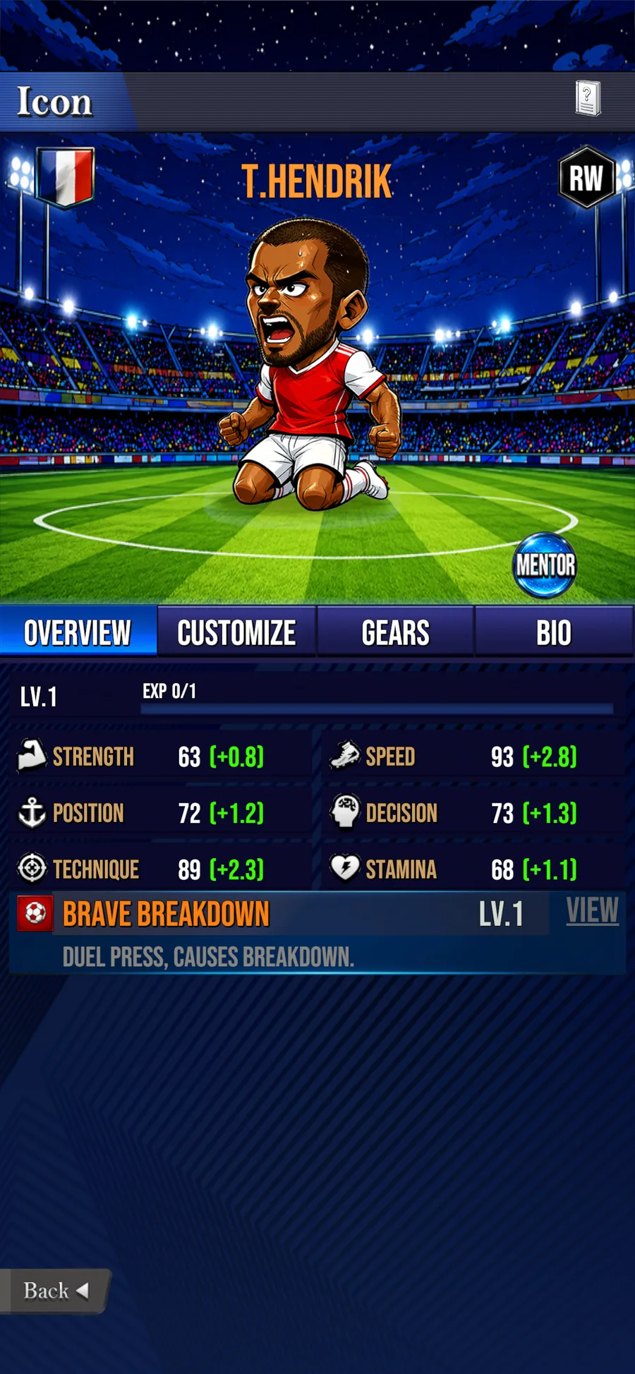 A Soccer Tactical player detail screen with attributes and skill.
