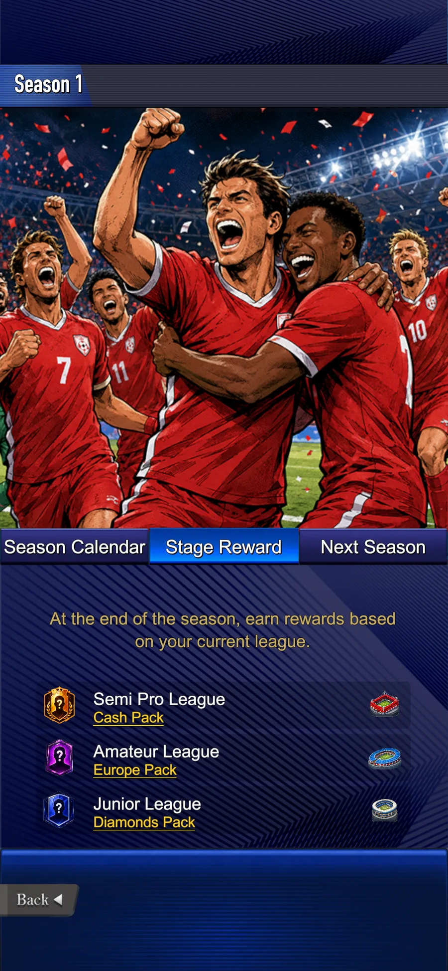 A Soccer Tactical seasonal rewards screen.